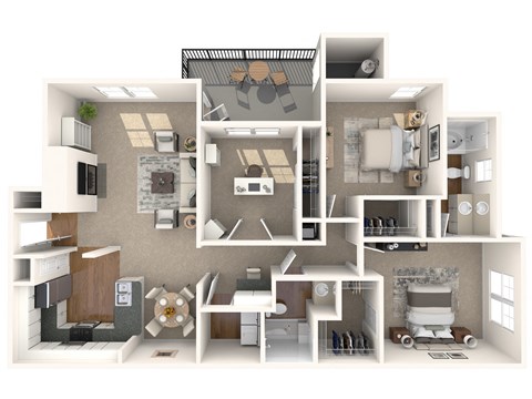 a 3d floor plan of a 2100 sq ft apartment